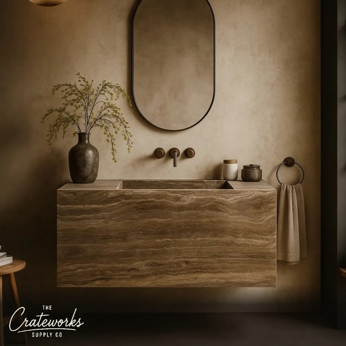 Pedestal Travertine vanity with Sink and Drawers for Sale