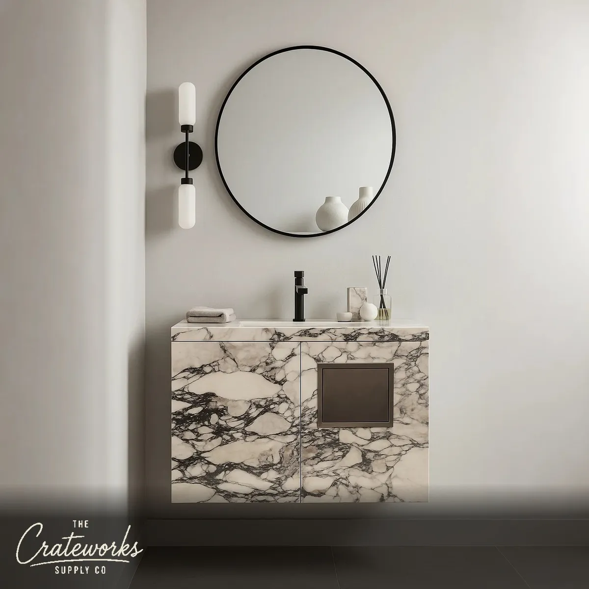 Marble Vanity with Custom Drawer, garbage bin and sink