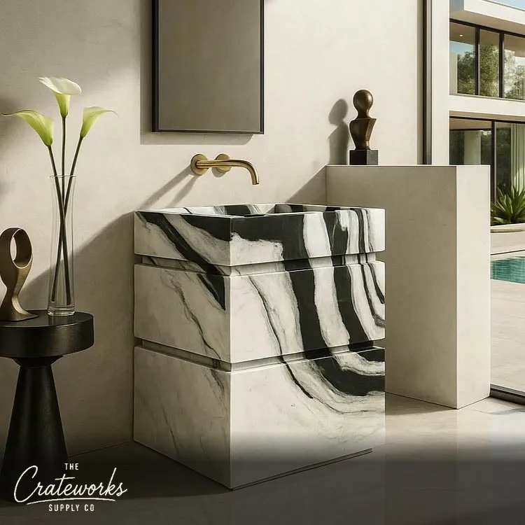 Custom Marble Vanity Unit — Luxury Panda White Marble 35.34" Tall