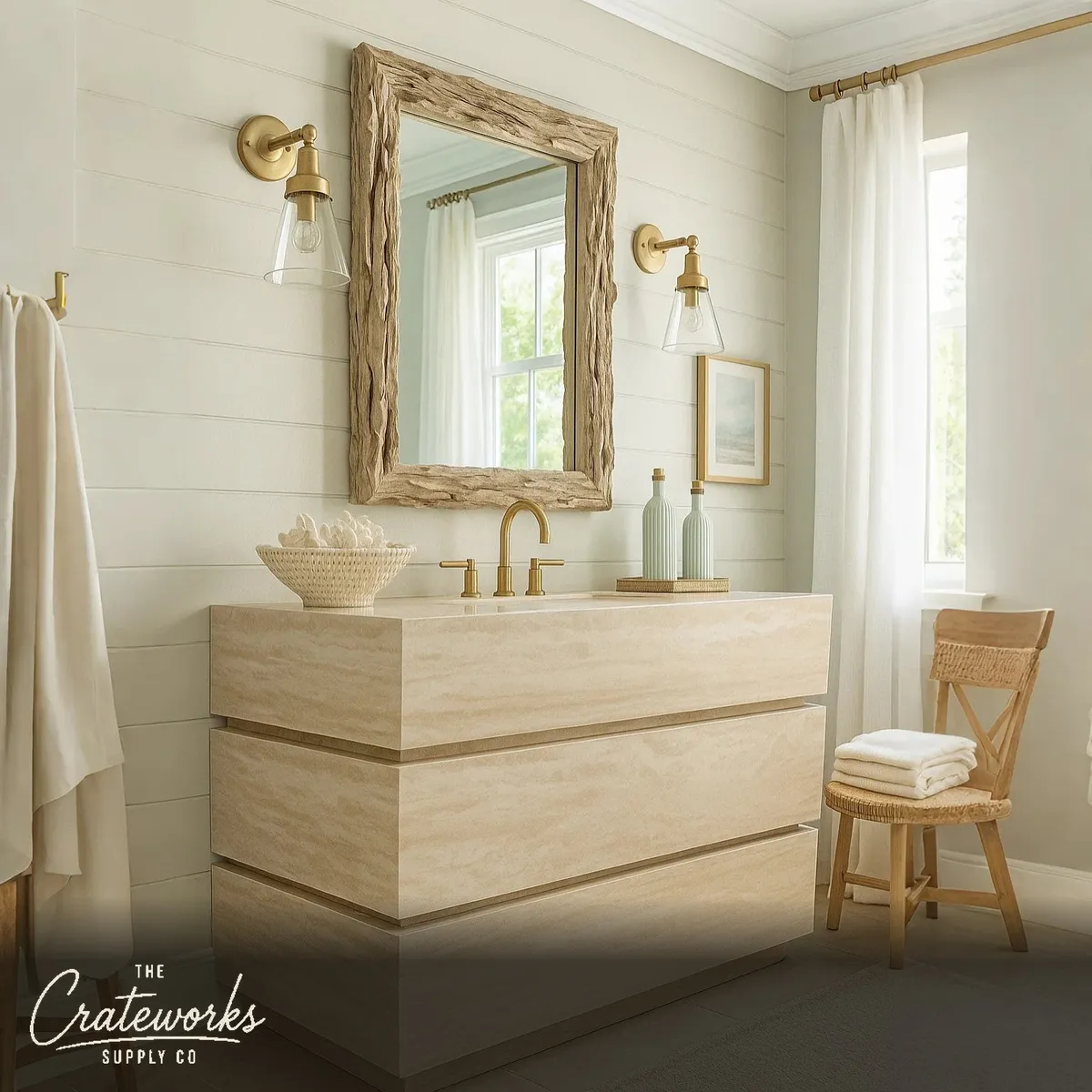 Travertine Bathroom Vanity with Drawer and Sink