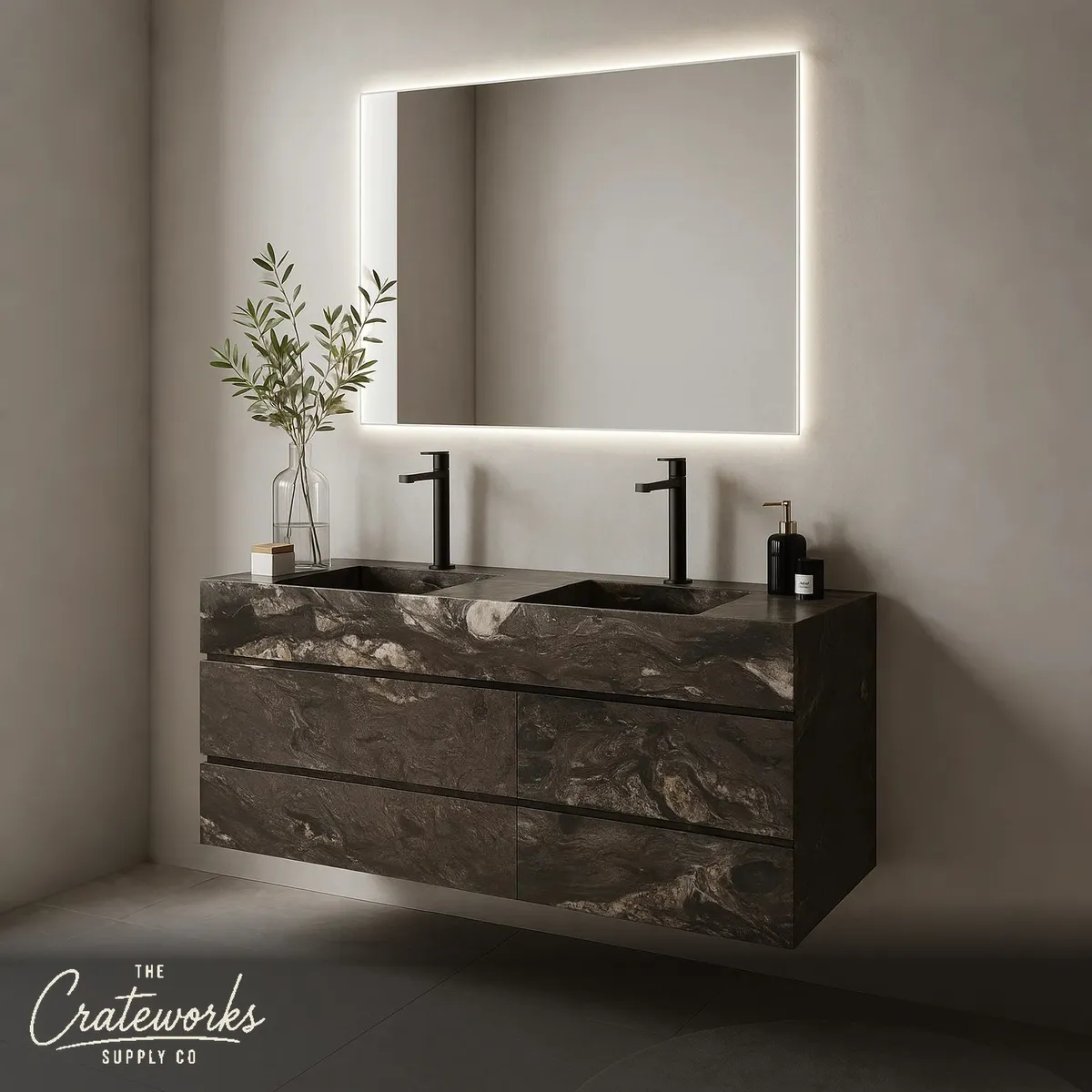 Floating Vanity with Marble Top Double Sink Custom Drawer