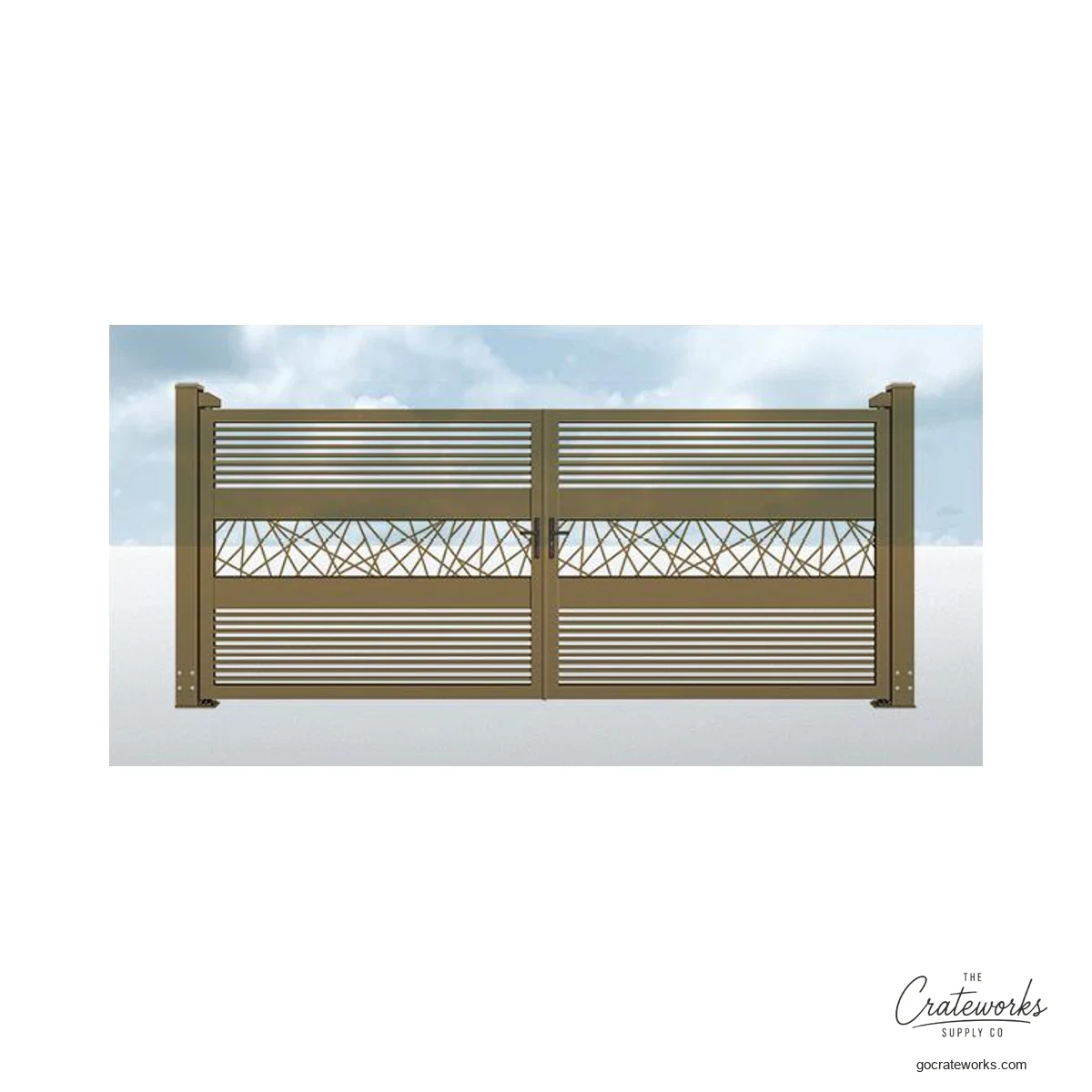 Bronze-Tone Louvered Double-Swing Gate with Woven Mesh Band