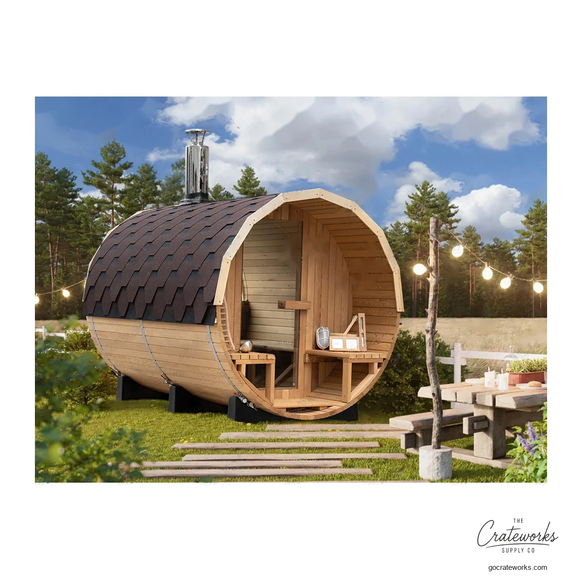 Cedar Barrel Sauna with Asphalt-Shingle Roof