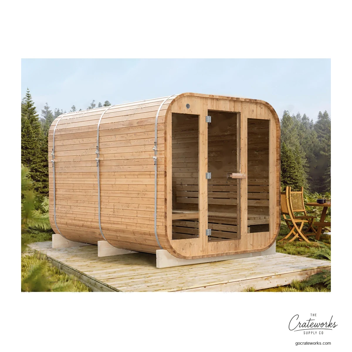 Square Cedar Sauna with Covered Porch