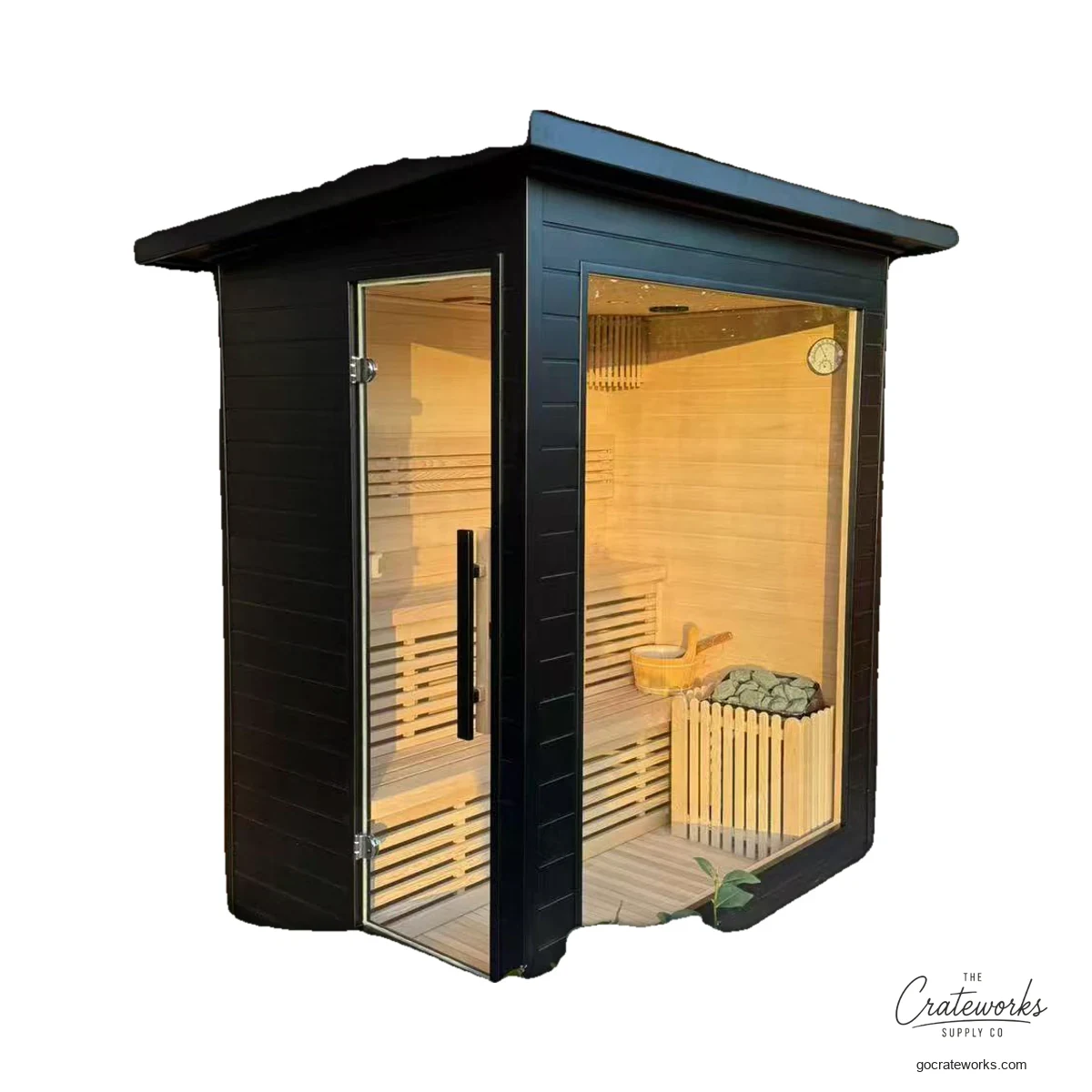 Outdoor Lean-To Sauna, Black Frame Glass Wall