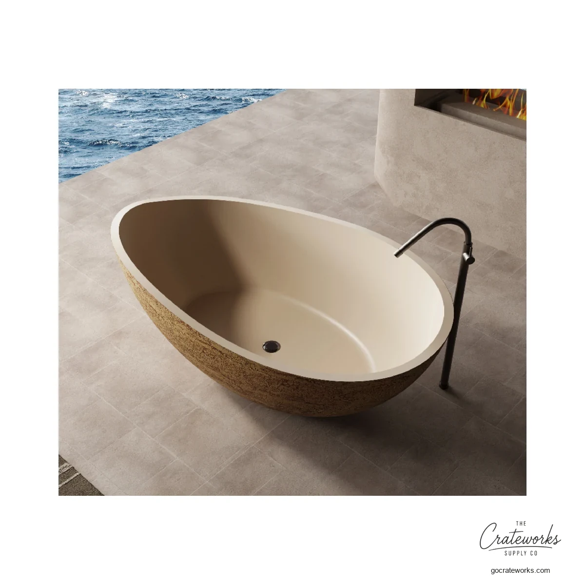 Freestanding stone bathtub in a finished bathroom