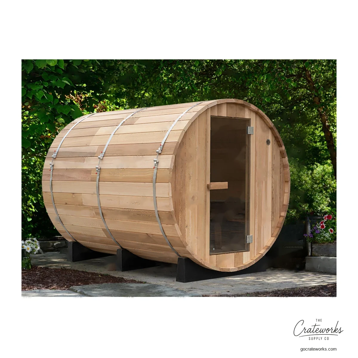 Cedar Barrel Sauna, Stainless-Band Trim