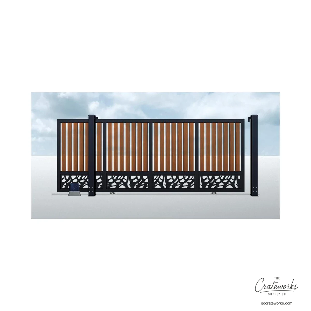 Wood-Look Track-Sliding Gate with Pierced Vine Base