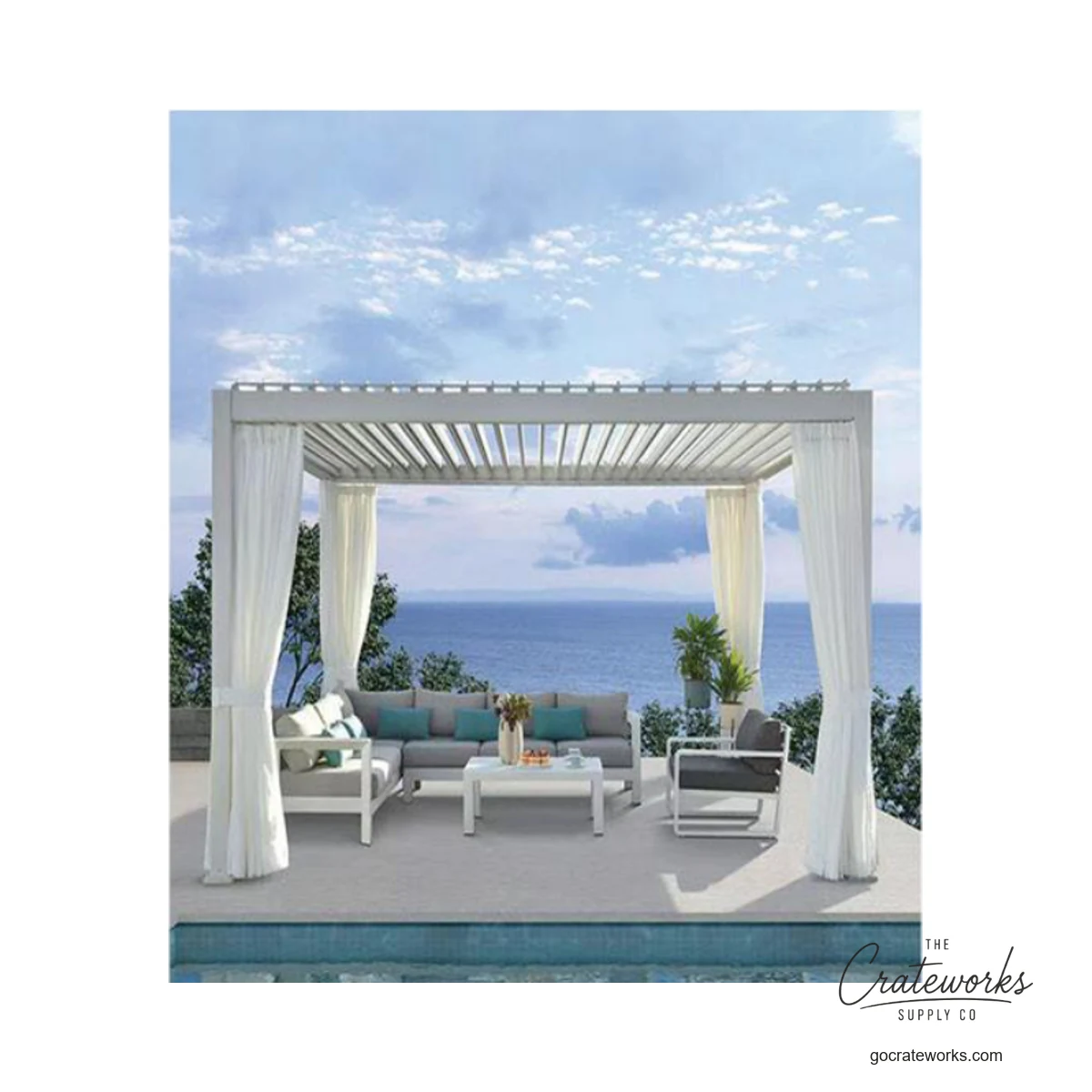 Freestanding Louvered Cabana Pergola with Drape Curtains