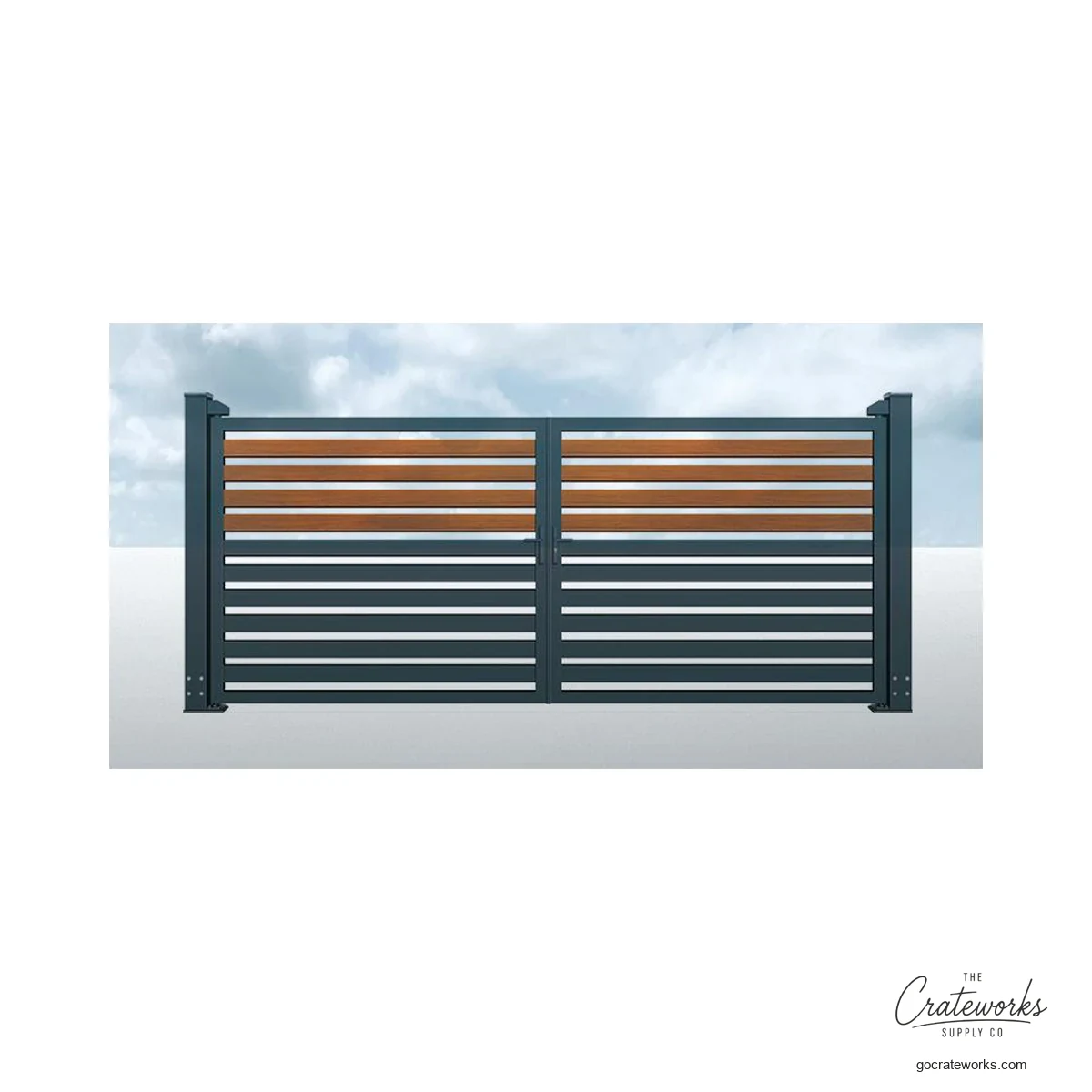 Aluminum Double-Swing Gate, Wood-Look Top Band