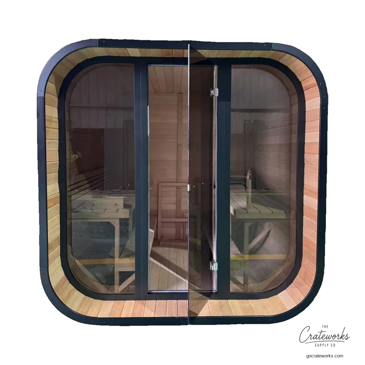 Outdoor Cube Sauna, Black-Framed Glass Front