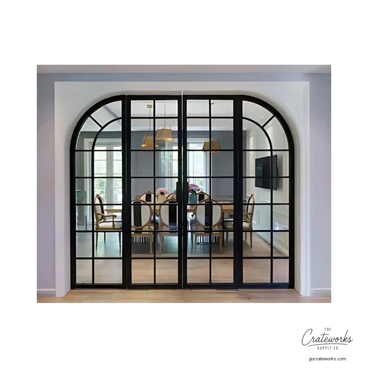 Grille Entry Door with Arched Transom, Thermally Broken