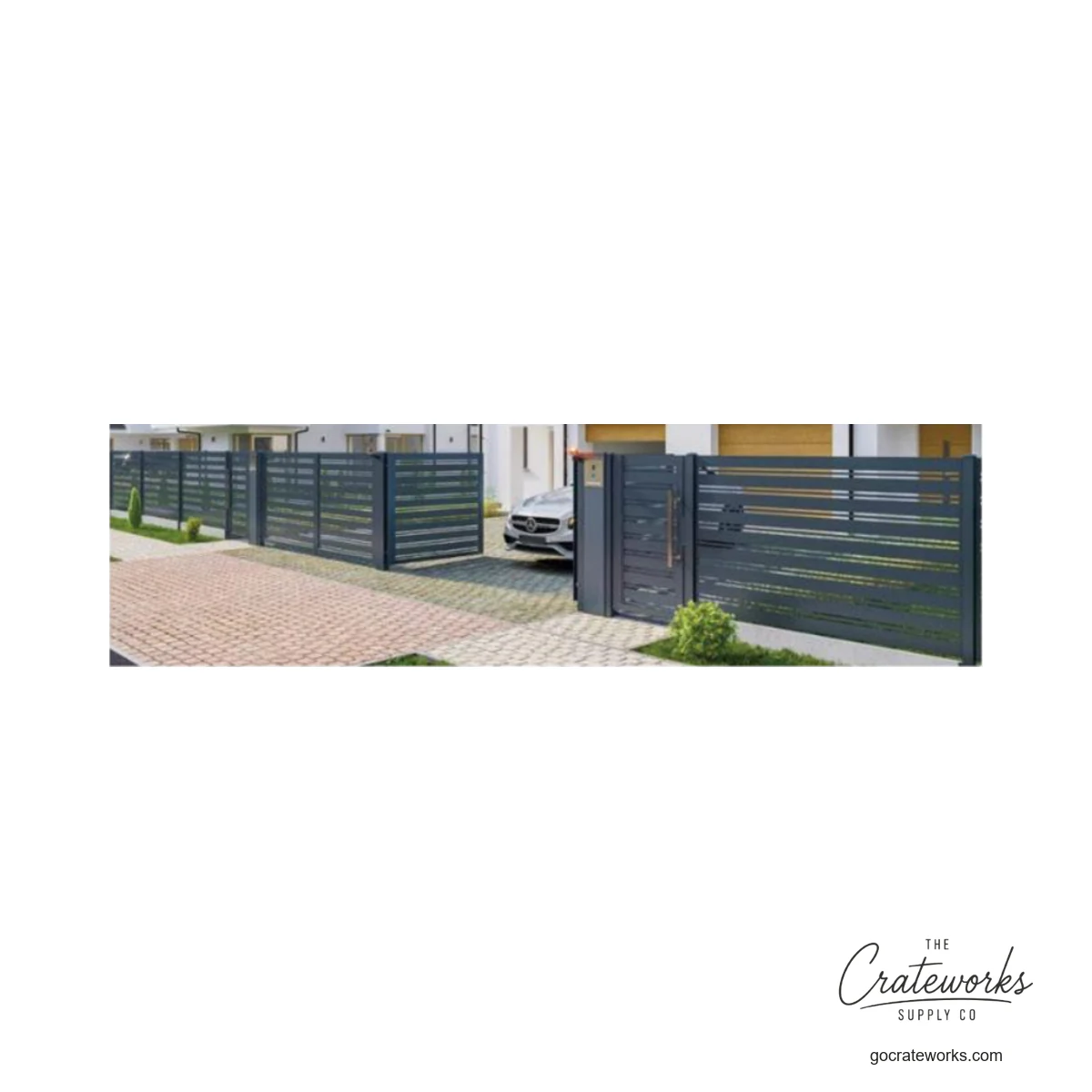 Aluminum Horizontal-Slat Driveway Fence and Gate