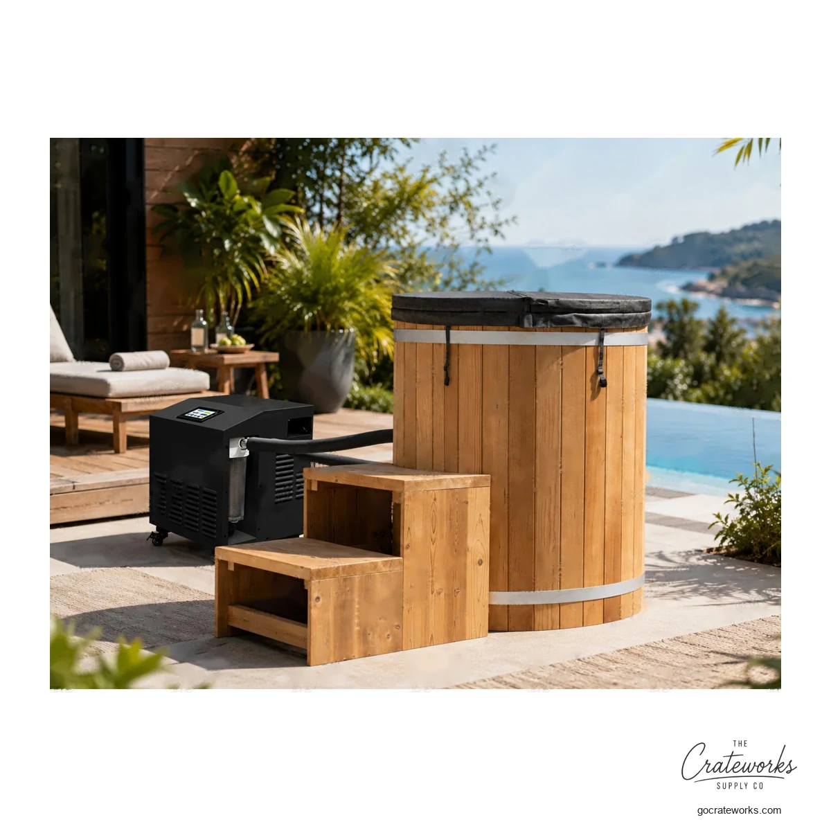 Cedar Barrel Cold Plunge Tub, Stainless-Band Cover