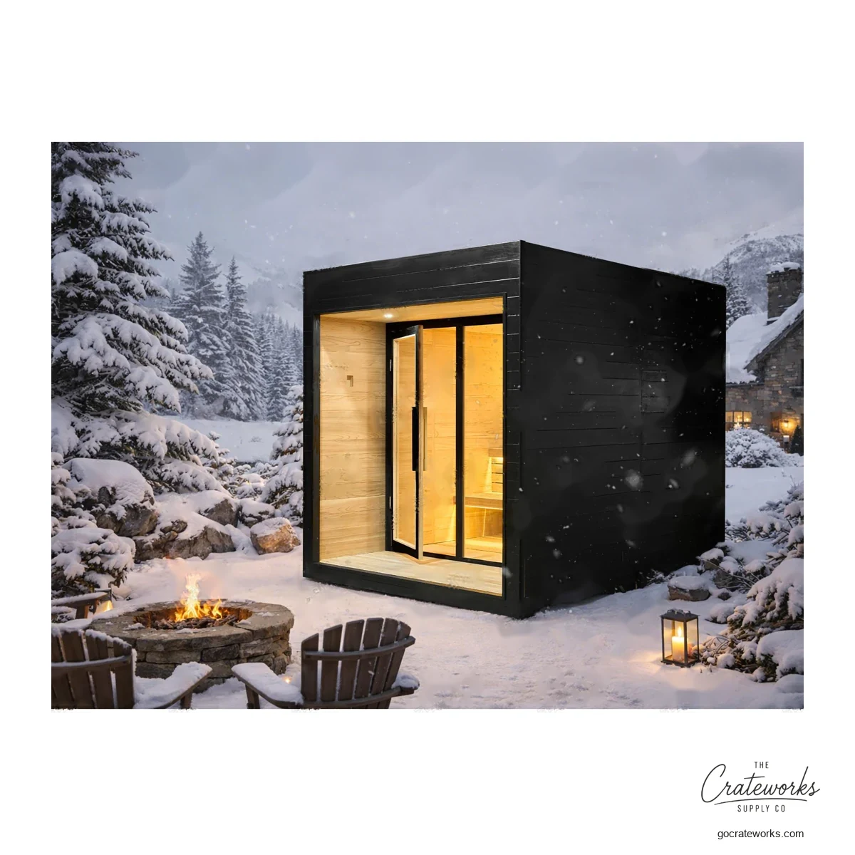 Modern Black Cabin Sauna with Sliding Glass Wall