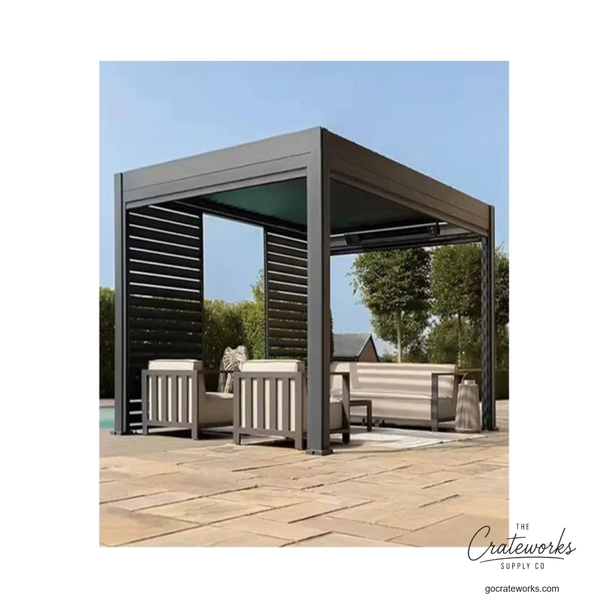 Freestanding Louvered Pergola with Privacy Slat Wall
