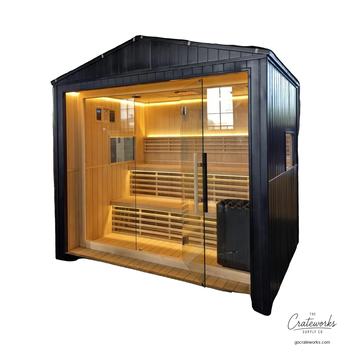 Outdoor Peak-Roof Sauna, Matte Black Cladding